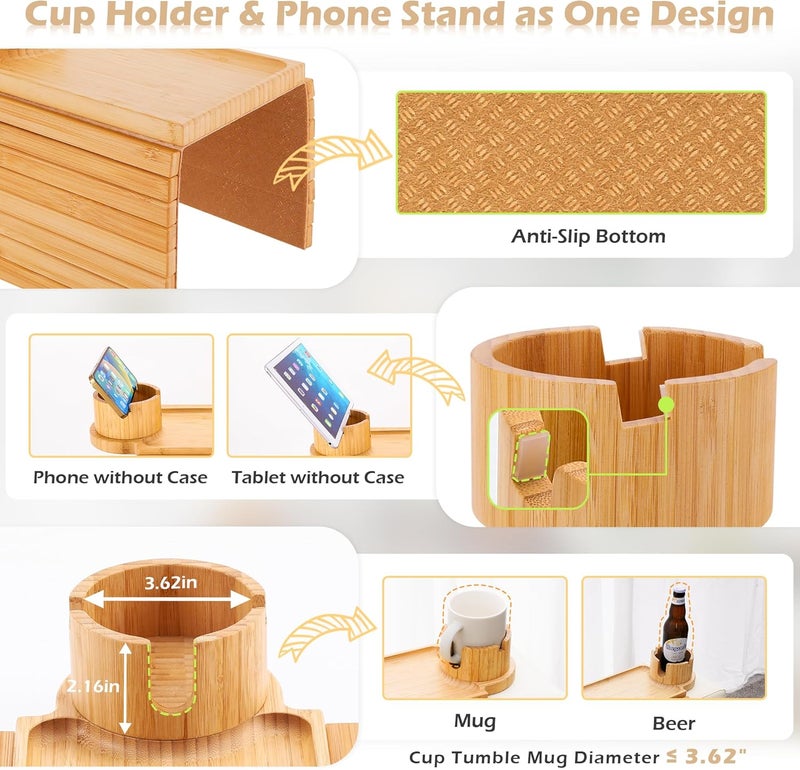 GHKINMAL Couch Cup Holder Tray, 3 in 1 Couch Arm Trays,Large Bamboo Chair Arm Rest Tray with 360° Cup Holder,Removable Anti-Slip Organizer for Snack Eating - Image 4